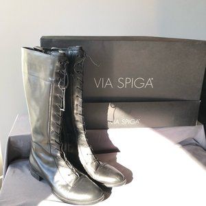 VIA SPIGA black leather COMBAT lace up Tall knee-high boots
